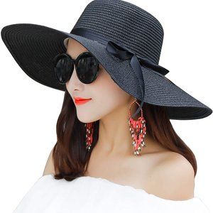 Sun Hat Summer Women Wide Brim Straw Black